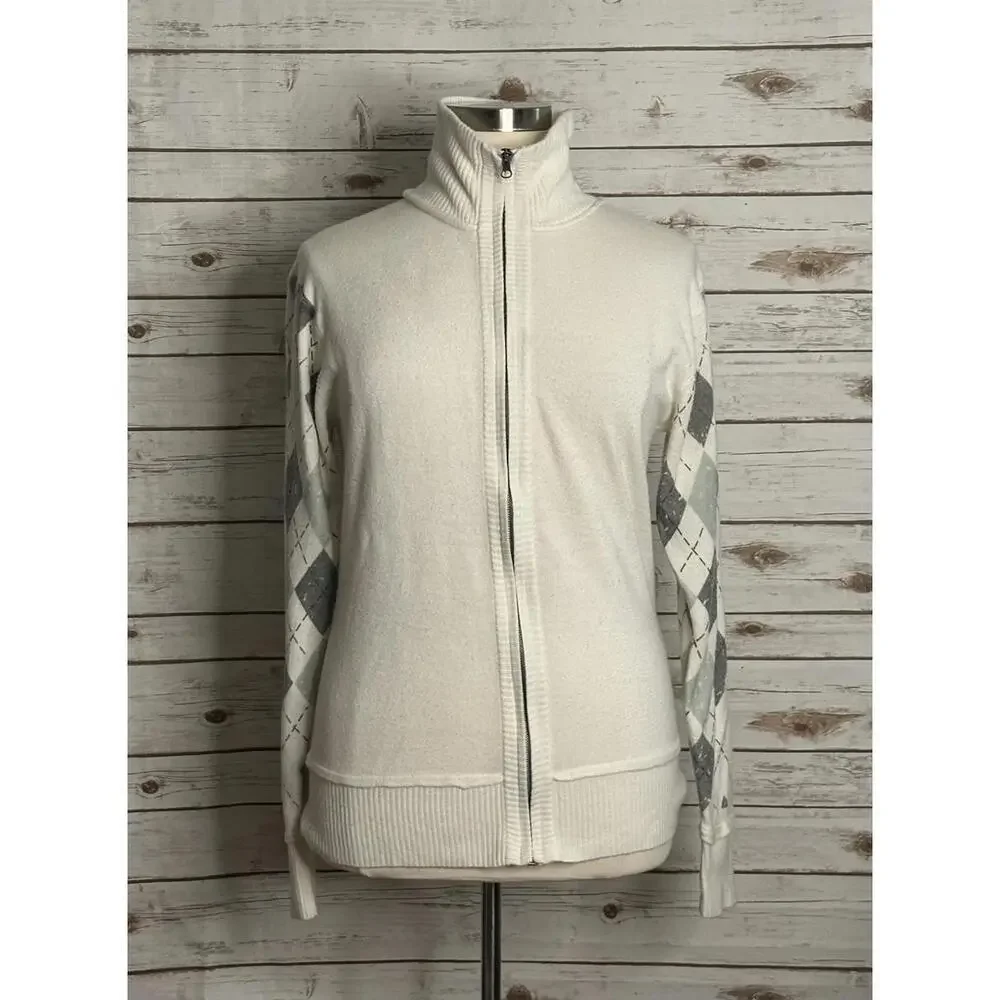 BKE casual white/gray argyle mock neck full zip long sleeve cardigan Size XXL